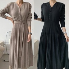 V-neck Single-breasted Thicken Sweater Dress Knitted Belted Female A-line Soft