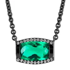 14K White Gold Round Natural Diamond & Emerald Pendant Necklace 18" Silver Chain