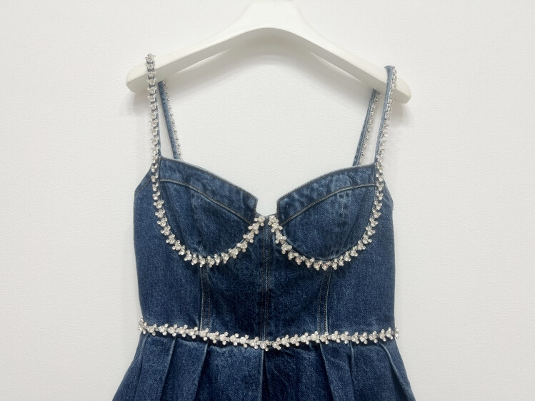 Self-Portrait Rhinestone Slip Dress Backless Denim Mini Dress for Ladies |  eBay