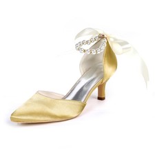 HKMFLYY Women's Closed Toe Gold Pearl Heels with Bow Wedding Shoes for Bride ...