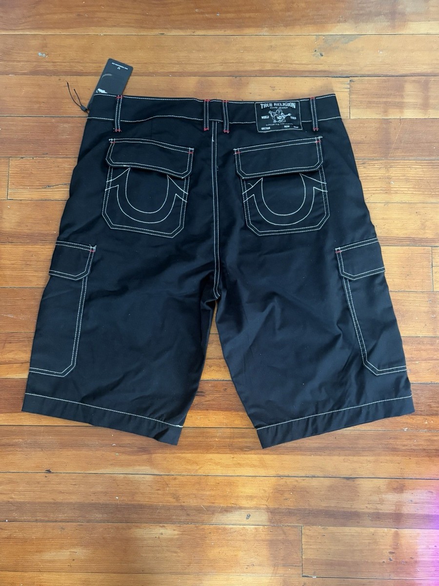 True Religion Men's Black Cargo Shorts Contrast Stitching Pockets