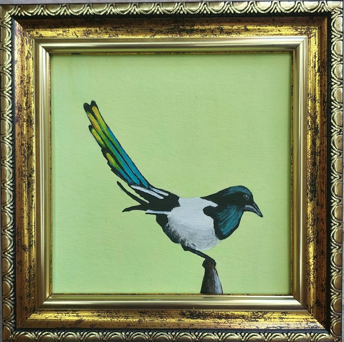 Magpies Bird Painting original Black Bird artwork 4x4 small hand