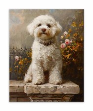 Bichon Frise Vintage Oil Painting Giclee Canvas Print, Garden Dog Wall Art Decor