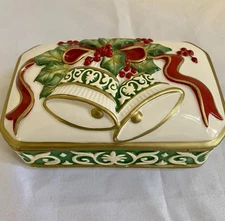 Fitz and Floyd Christmas Bell Trinket Box Ceramic Embossed Holiday Storage