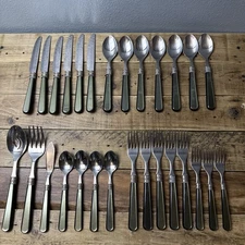 Vintage Lorena 28 Pc Flatware Lot  18/10 Stainless Lucite Pearl Pine