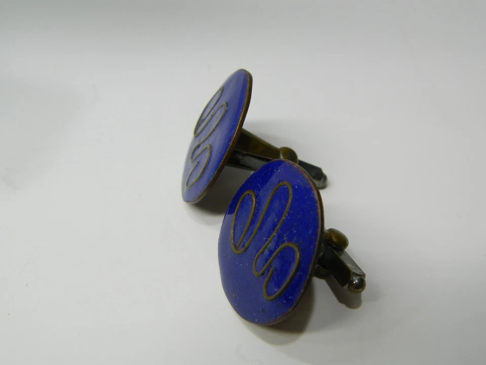 Gemelos Art Deco vintage esmalte azul diseño en cobre Foto 2 de 3
