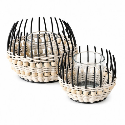 Boltze Windlicht Korb Lugo 2er Set Natur Schwarz Teelichthalter Deko