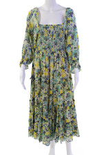 Love Shack Fancy Womens SHort Sleeve Smocked Floral Midi Dress White Multi XS