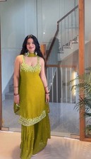 Stunning Parrot Green Georgette Top Palazzo And Dupatta For Indian Party Wear