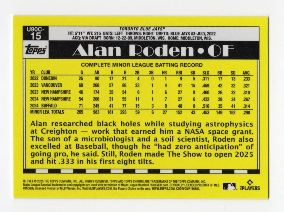 2025 Topps Update Silver Pack #U90C-15 Alan Roden RC Toronto Blue Jays - Image 2 of 2