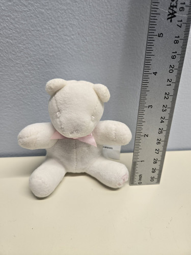 Vintage Ralph Lauren Miniatur 3,5 Zoll weicher weißer Plüschbär Rassel rosa Schleife - Bild 3 von 7