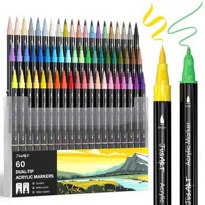 60 Colors Dual Tip Acrylic Paint Pens Markers, Brush and Fine Tip, Premium Pa...