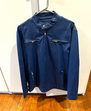 biker jacket men m, blue, faux leather, full zip, stand-up collar, short