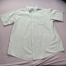LL Bean Shirt Mens Medium Green White Striped Seersucker Pocket Hiking Outdoor
