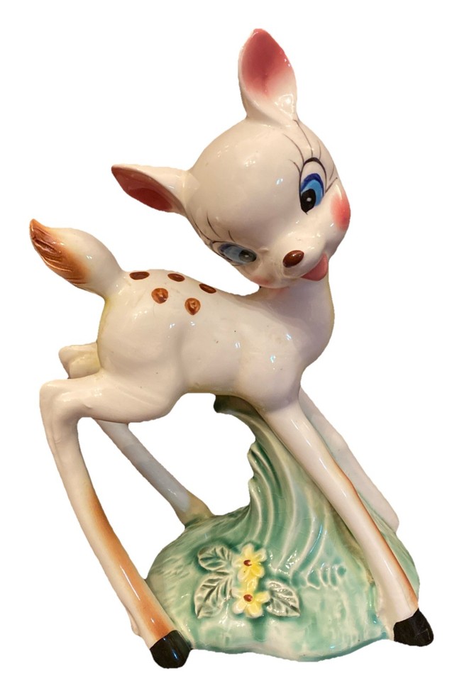 Anthropomorphic Bambi-era Japan-made kitsch figurine — the kind of wide-eyed ceramic oddity that stops guests dead in their tracks and sparks a whole conversation.
