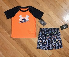 NEW Under Armour Toddler Boy Baseball Theme Tee Short Set, Orange 2T