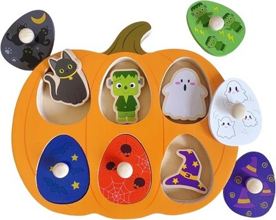 Halloween Pumpkin Wooden Peg Puzzle for Toddlers, 6 Colors & Shape Matching P...