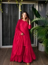Women  s Designer Rayon Kurti Sharara Set with Thread Embroidery Work  Dupatta