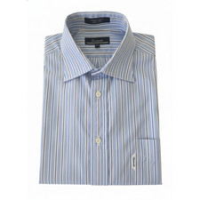 Faconnable Dress Shirt 4/16 L Blue Brown Stripe 100 Cotton Made in USA Luxury