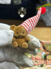 Miniature Brown Teddy Bear Figurine Christmas w/ Red  White Striped Hat