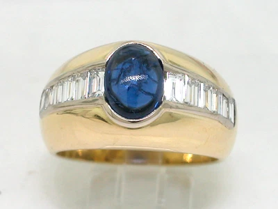 Saphir Diamant Ring 750 Gelbgold 18Kt Gold Saphircabochon  12 Baguette Diamanten - Bild 1 von 4