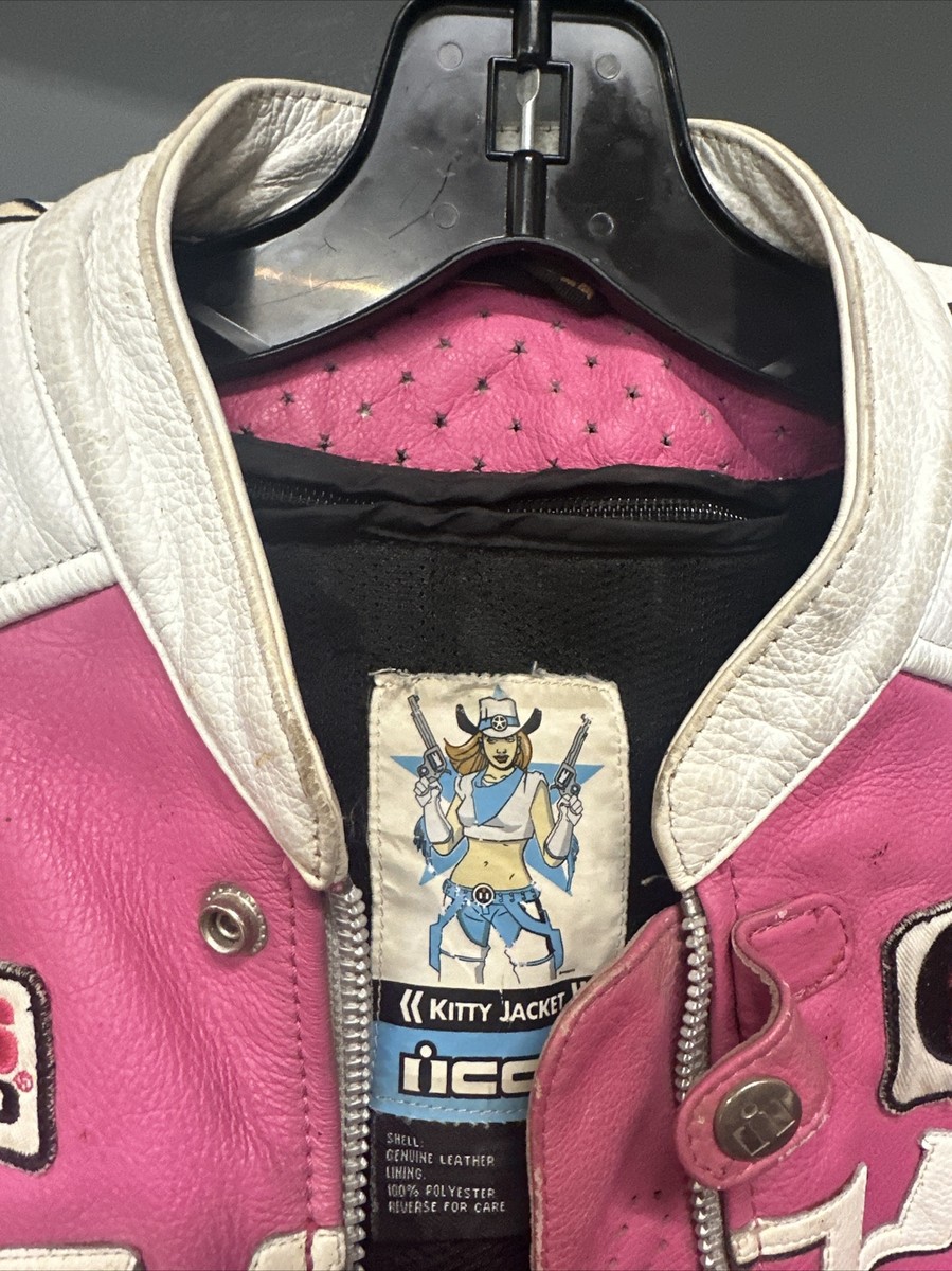 ICON Kitty Pink White Leather Jacket & Motor Cycle Chaps | Size S | Women's | Summer | Medium Length | 2 Pockets ICON Kitty Pink White Leather Jacket & Motor Cycle Chaps | Size S | Women's | Summer | Medium Length | 2 Pockets