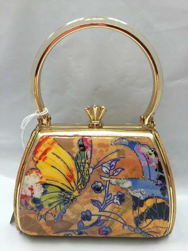 Bolso de Mano Debbie Brooks Dorado Satinado Brillante Bolso de Noche Nuevo MARIPOSA AMARILLA Acavado Foto 3 de 4