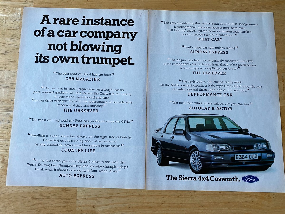 Affiche page publicitaire vintage Ford Sierra Cosworth ( en 2 pages ) de 1990 - Collection
