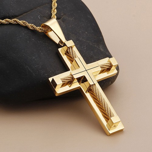 Collar Colgante de Acero Inoxidable Doble Cruz Oro Negro Plata Pesado Para Hombre Regalo - Imagen 16 de 29