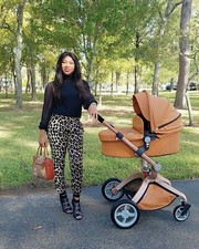 Hot Mom 2in1 Baby Stroller with Reversible,High Landscape,PU Leather Pram,Brown