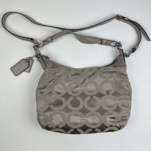 COACH Kristin Classic Logo Purse Hobo Crossbody Beige Opal Satin Fabric Leather - Picture 12 of 19