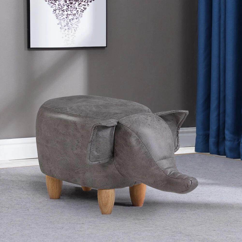 Grey Elephant Footstool Ottoman Stool Faux Leather Pouffe Cushion