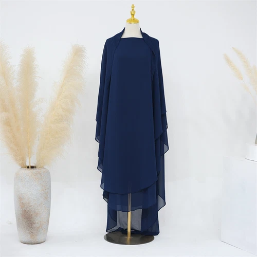 Two Layers Muslim Ramadan Women Large Khimar Hijab Niqab Burqa Tops Kaftan Dress