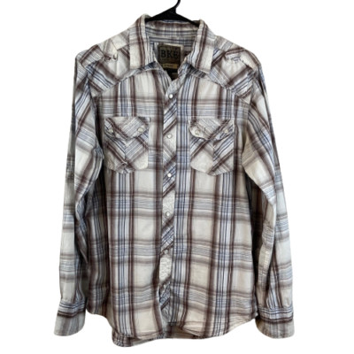 BKE Buckle Western Pearl Snaps Up Shirt Slim Fit Plaid Long Sleeve Mens Medium