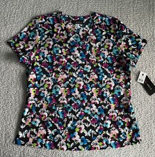 Koi Basics Scrub Top Women  s Large Leslie Butterfly Black Floral Nursing Medical