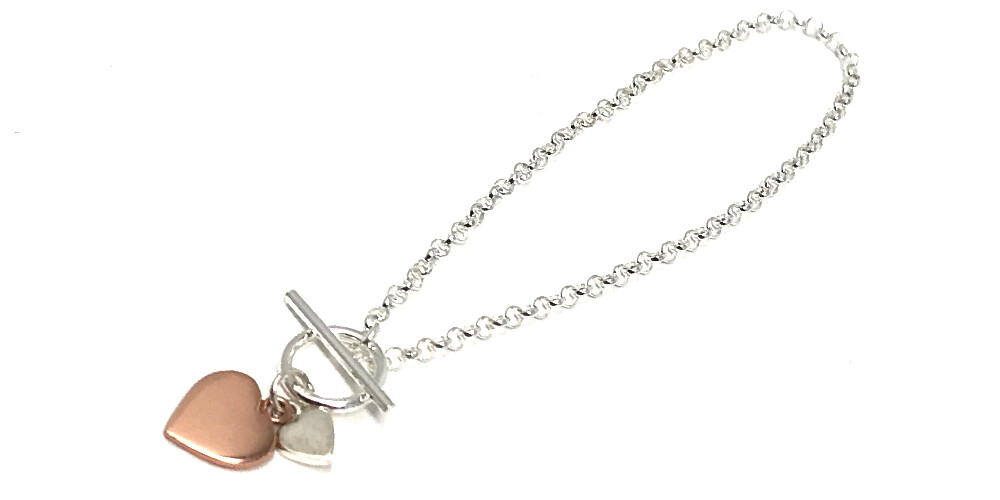 Rose Gold Plated and Sterling Silver Double Heart T Bar Bracelet