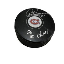 GUY CARBONNEAU Signed Montreal Canadiens Puck - 86 SC Champ Inscription