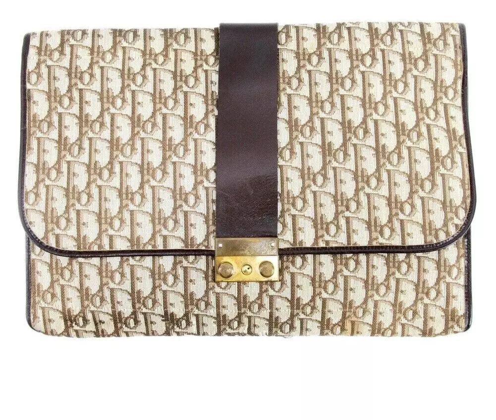 Christian Dior étui à documents pochette sac trotteur marron beige toile cuir