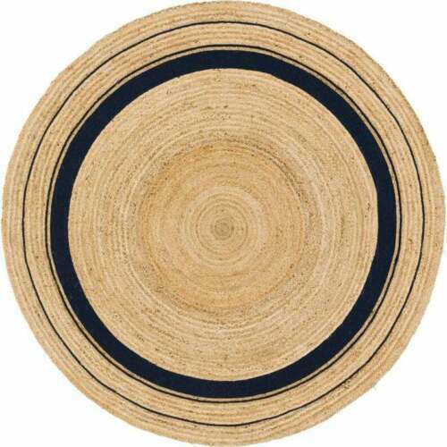 Round Rug Natural Jute Farmhouse Area Rug Hand Woven Rustic Look, Beige + Black - Picture 1 of 7