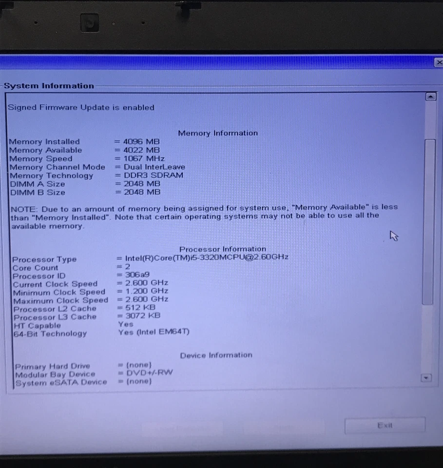 Dell Latitude E6530 15.6'' Laptop i5-3320M 4GB RAM No HDD No OS Boots/Bios H3179 - Image 2 of 4
