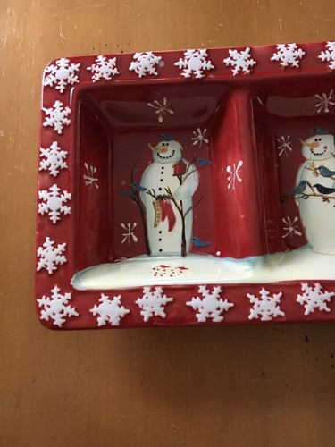 Mary Beth Baxter Christmas Twilight Snowman 4 Section Relish Candy Serving Tray - Picture 3 of 12
