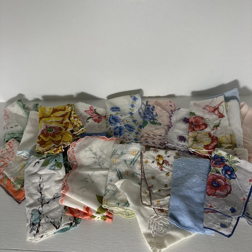 Lot of 20 Vintage Handkerchiefs Floral Pink Blue Yellow Green Some Scallaped.