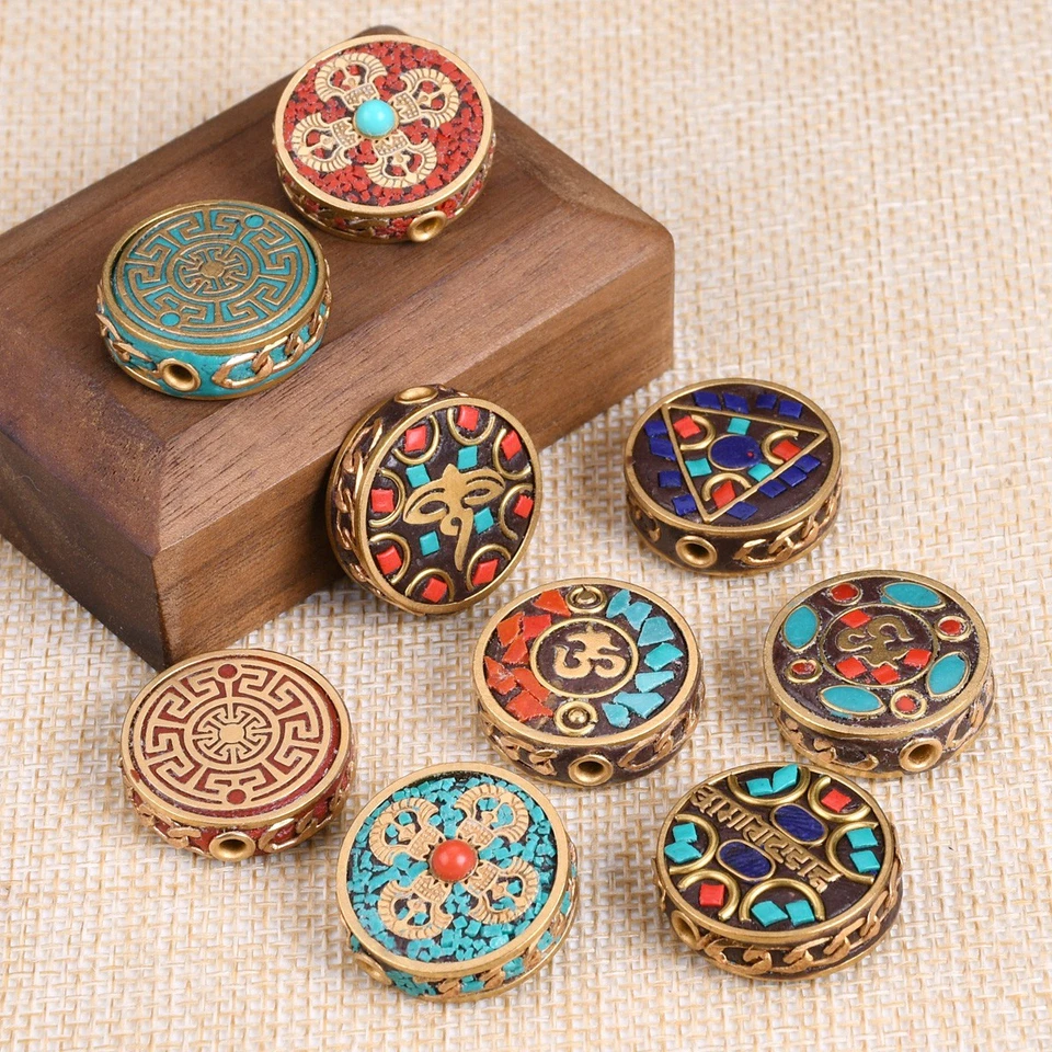 1pcs 22mm Flat Round Nepalese Tibetan Buddhist Handmade Brass Metal Clay Beads - Image 2 of 4