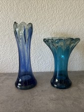 Vintage Lot of 2 Hand Blown Thick Art Glass Cobalt Blue Aqua Tulip Swung Vases