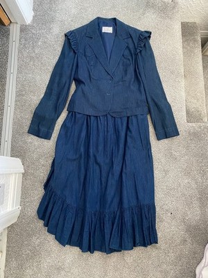 Vintage Damen H Bar C - 2-teiliger Jeansanzug Rock & Jacke Größe 10 Ranch Wear