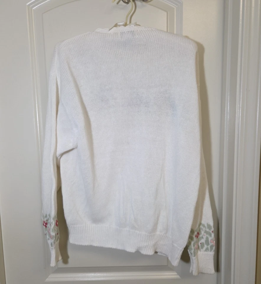 Cardigã suéter Orvis vintage pássaros flores pássaro azul malha recortada vovó M - Imagem 2 de 4