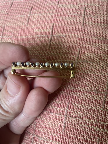 10k Solid Yellow Gold White Pearl & Ceylon Blue Sapphire Bar Pin Brooch 2.09 gm - Picture 7 of 7