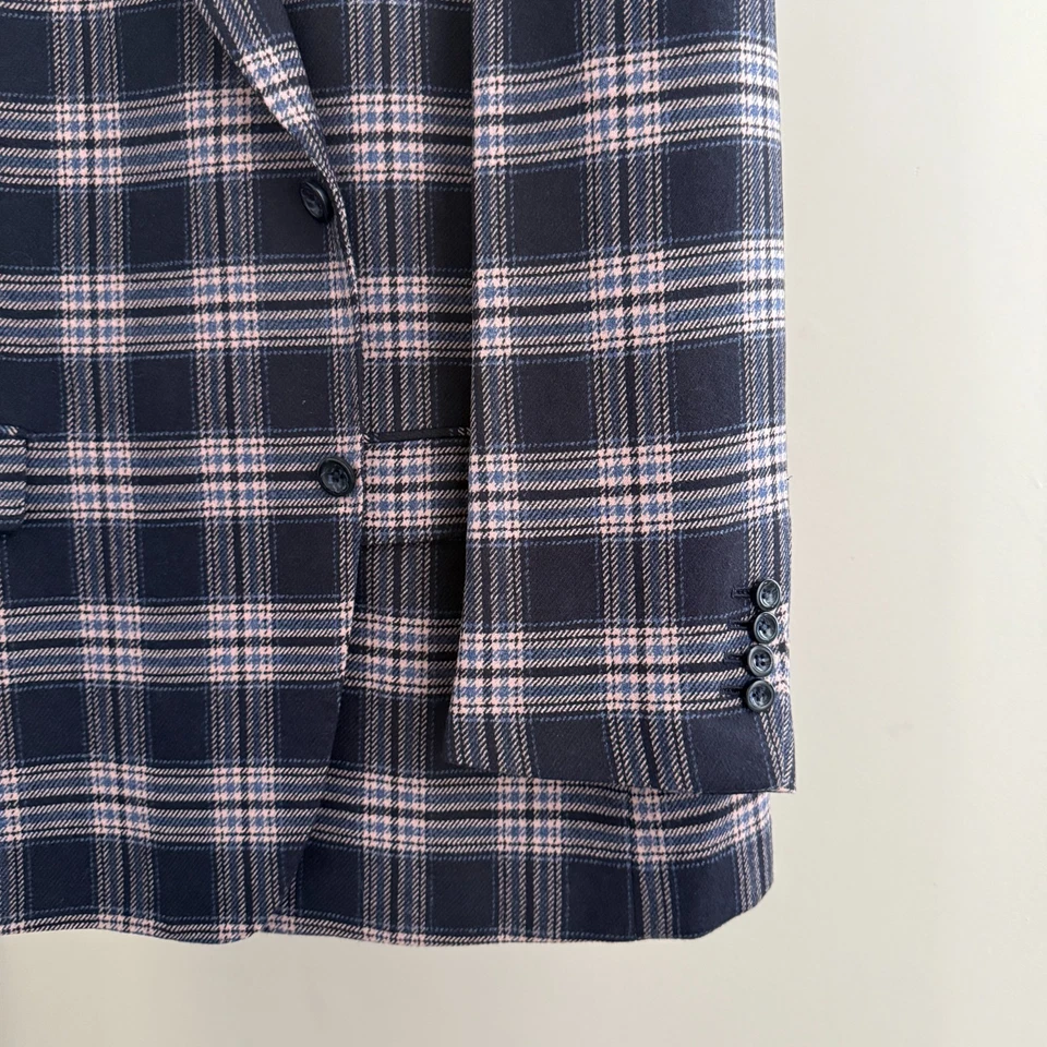 Men's Bespoke Wool Navy Blue Plaid Suit Jacket Blazer Custom Floral Lined 54/56R - Image 4 of 4