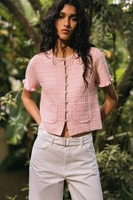 Zara Cropped Tweed Knit Ruffle Pink cardigan M  Cotton blend Short Sleeve 