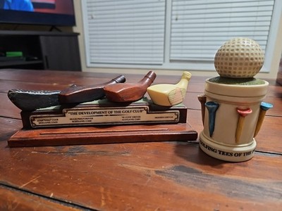 Golf Deco Desk Set ''The Development of the Golf Club'' & ''Golf Tees of 20s/30s''